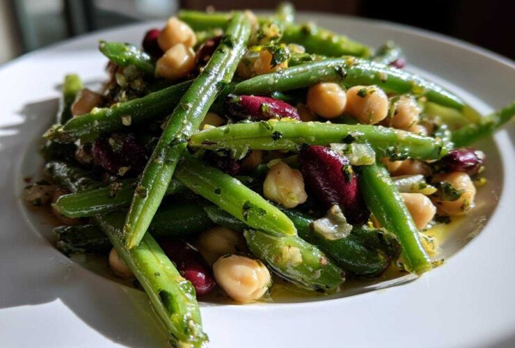 Close-up of bright green beans, chickpeas, and kidney beans tossed in a Lemon Basil Three Bean Salad dressing.