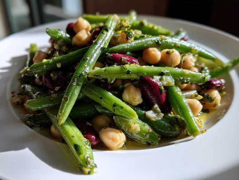 Close-up of bright green beans, chickpeas, and kidney beans tossed in a Lemon Basil Three Bean Salad dressing.