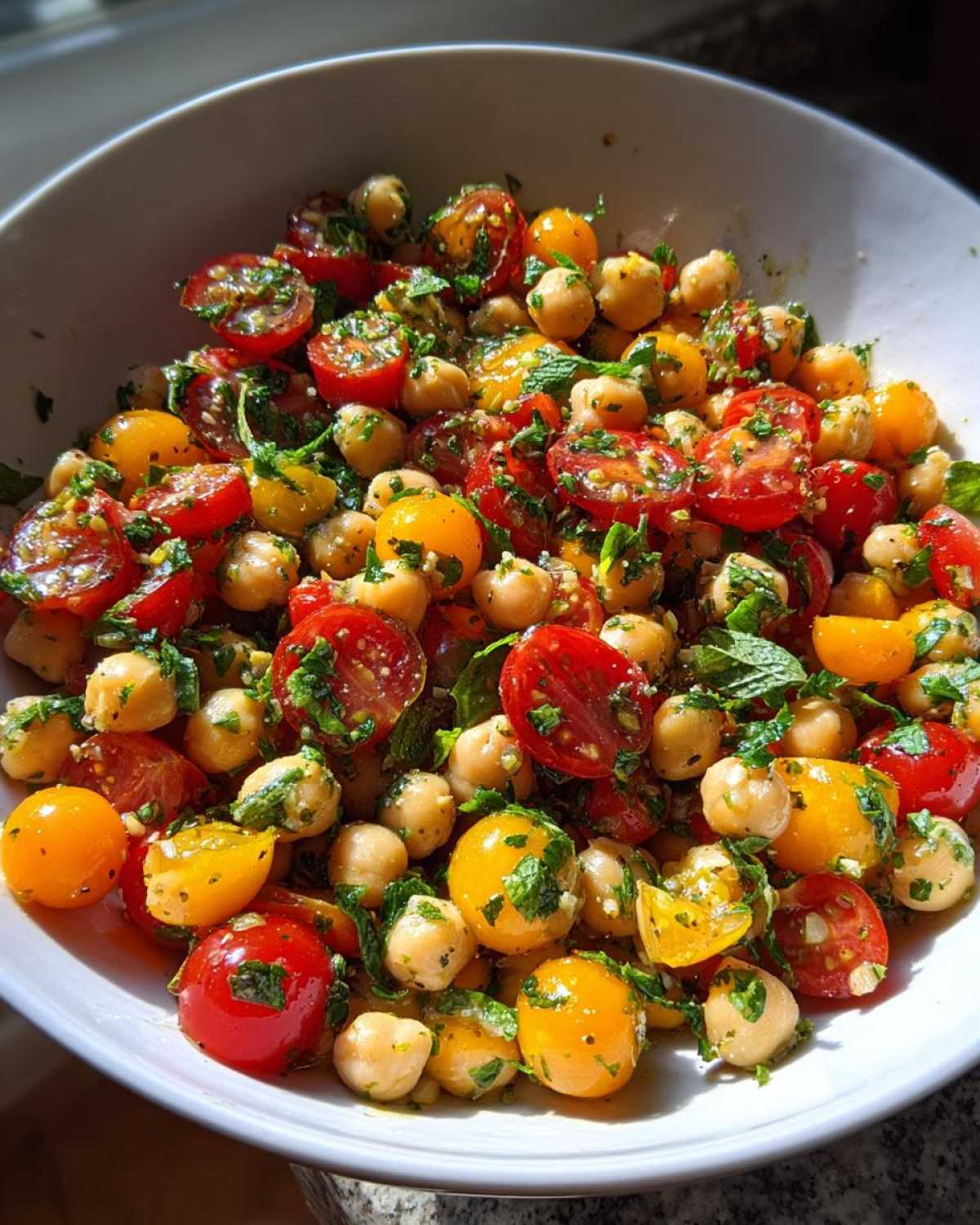 Close-up of a vibrant Mediterranean Diet Chickpea Salad featuring chickpeas, halved cherry tomatoes (red and yellow), and fresh herbs.