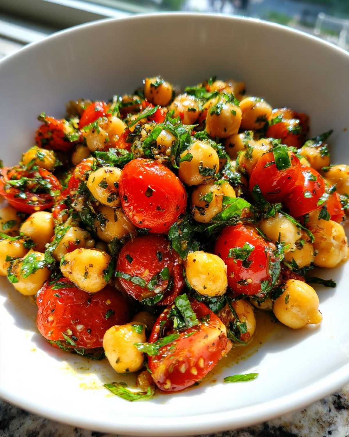 Close-up of a bowl of Mediterranean Diet Chickpea Salad featuring chickpeas, halved cherry tomatoes, and fresh herbs.