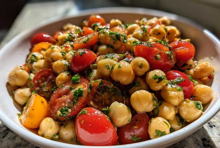 Close-up of a vibrant Mediterranean Diet Chickpea Salad featuring chickpeas, halved cherry tomatoes, and fresh herbs in a white bowl.