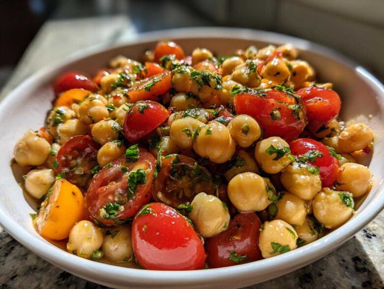 Close-up of a vibrant Mediterranean Diet Chickpea Salad featuring chickpeas, halved cherry tomatoes, and fresh herbs in a white bowl.