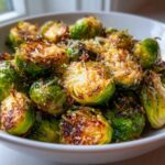 Close-up of crispy Oven Roasted Brussels Sprouts with Parmesan cheese topping in a white bowl.