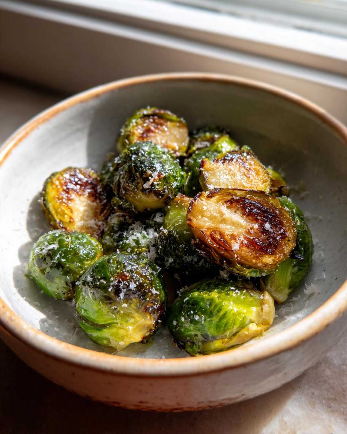 Close-up of perfectly Oven Roasted Brussels Sprouts with Parmesan cheese sprinkled on top in a rustic bowl.