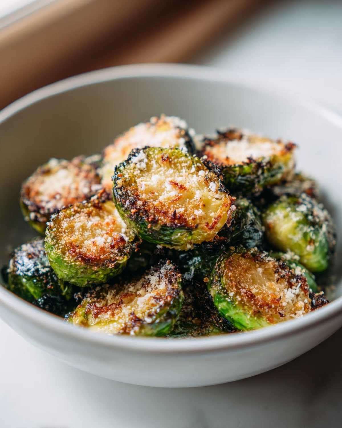 Close-up of crispy Oven Roasted Brussels Sprouts with Parmesan cheese topping in a white bowl.