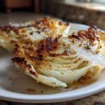 Two beautifully browned Oven Roasted Garlic Cabbage Steaks seasoned with herbs on a white plate.