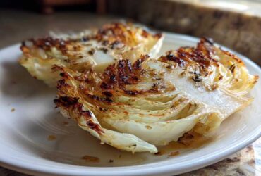 Two beautifully browned Oven Roasted Garlic Cabbage Steaks seasoned with herbs on a white plate.