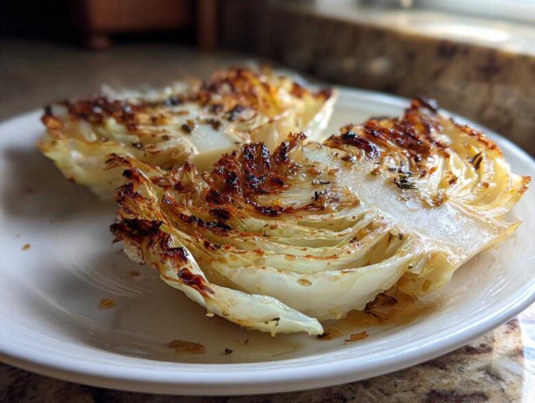 Two beautifully browned Oven Roasted Garlic Cabbage Steaks seasoned with herbs on a white plate.