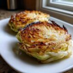 Two beautifully caramelized Oven Roasted Garlic Cabbage Steaks served on a white plate.