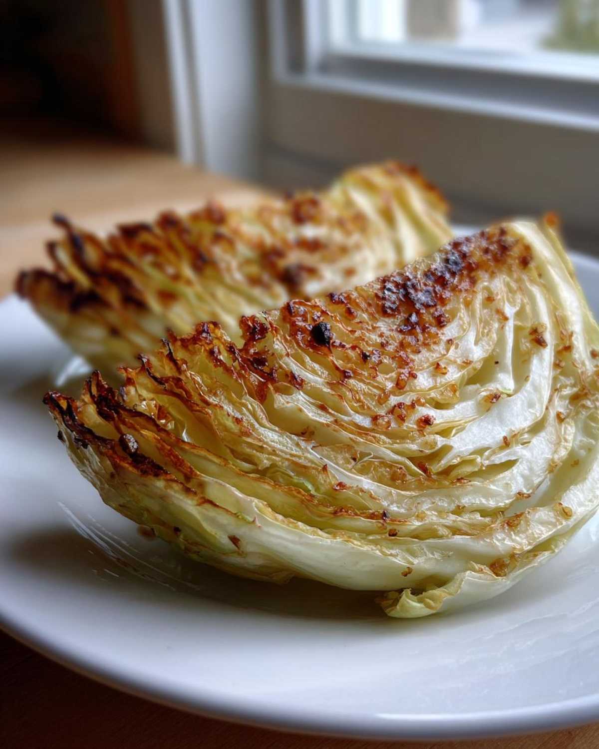 Two beautifully caramelized Oven Roasted Garlic Cabbage Steaks resting on a white plate.