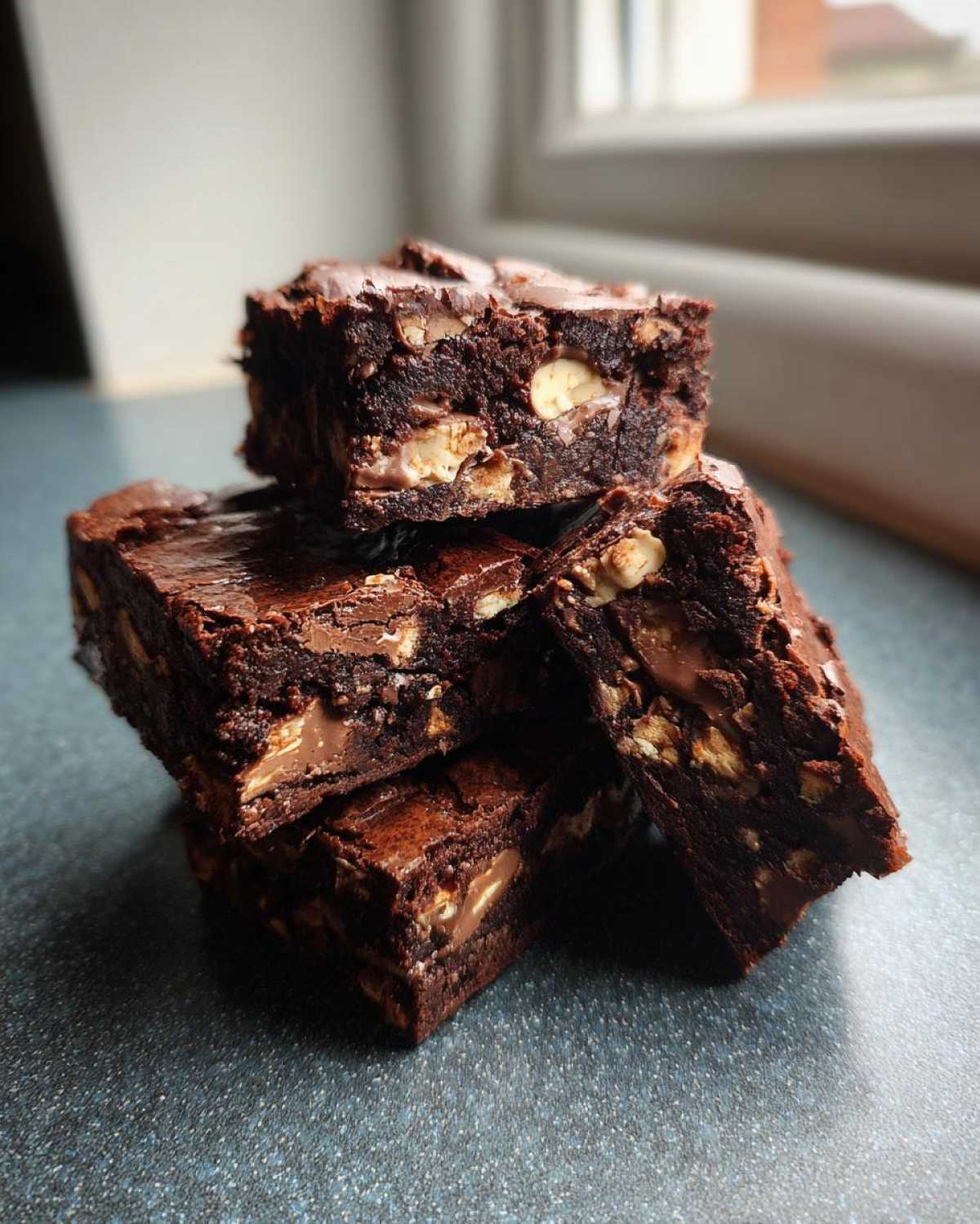 A stack of four fudgy Kit Kat Brownies showing chunks of Kit Kat pieces embedded inside the chocolate.