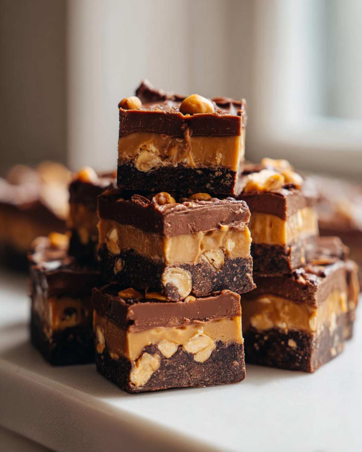 A stack of decadent Snickers Fudge squares showing distinct layers of chocolate base, peanut caramel, and chocolate topping.