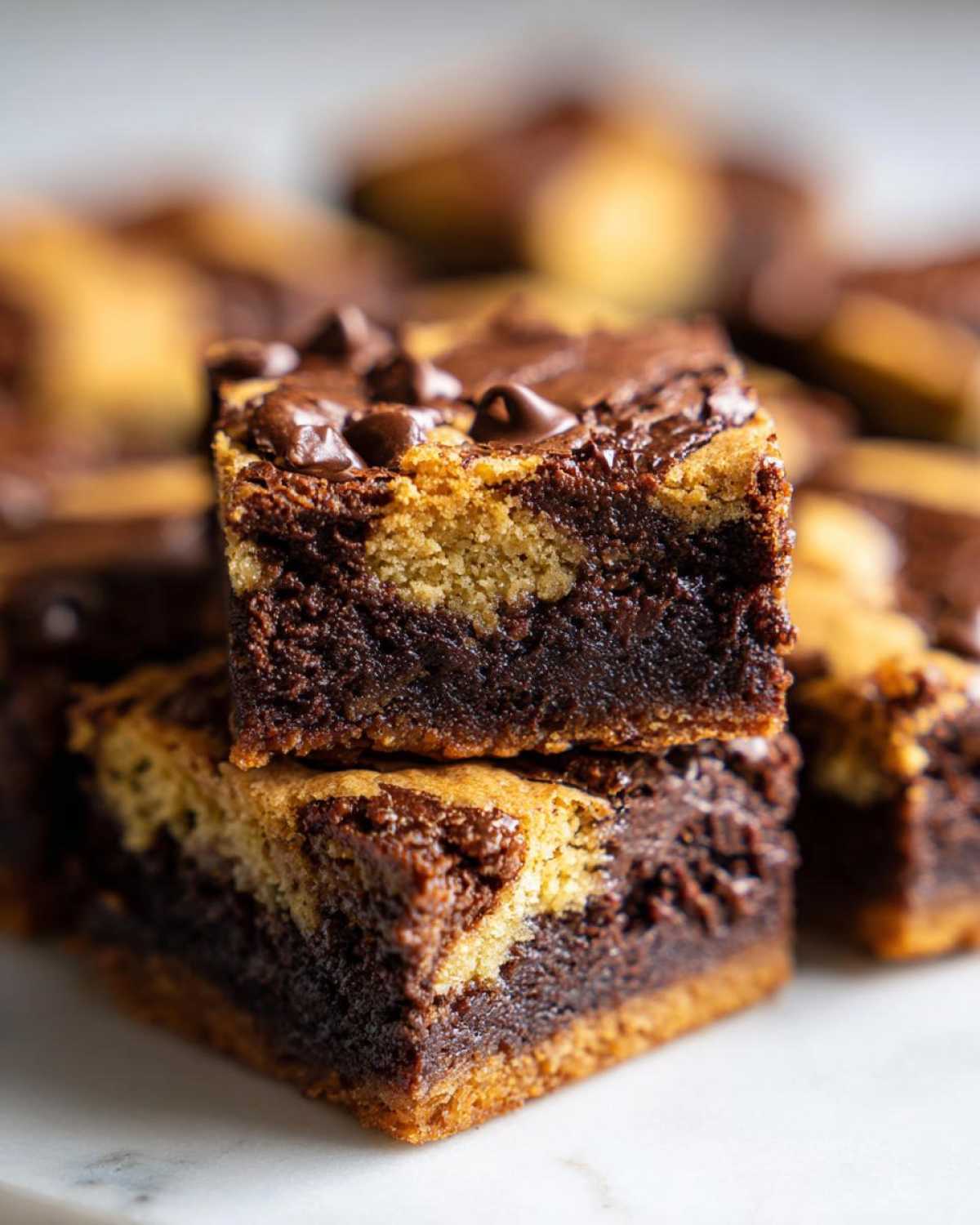 Two stacked, fudgy Brookies showing the distinct brownie and cookie layers, topped with chocolate chips.