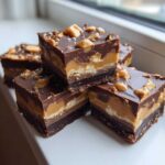 Close-up of stacked, layered Snickers Fudge squares topped with chocolate, peanuts, and sea salt.