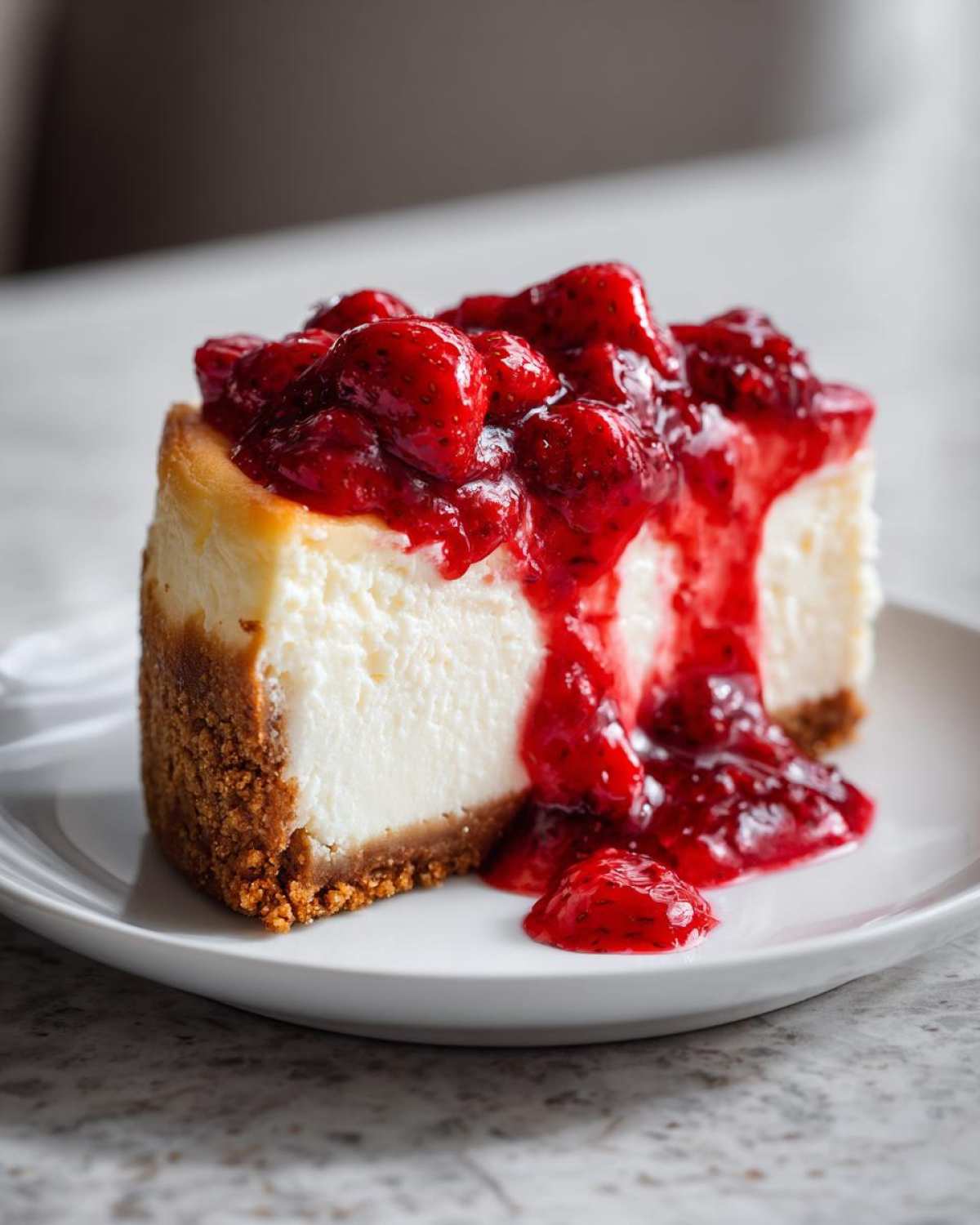A perfect slice of creamy Strawberry Cheesecake topped with rich strawberry sauce.