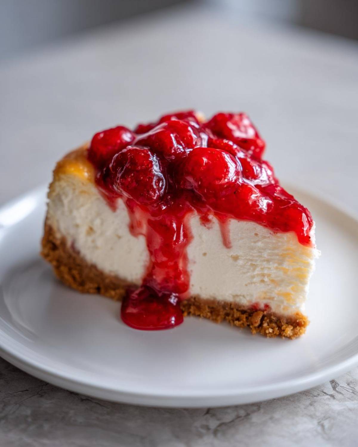 A close-up of a perfect slice of Strawberry Cheesecake topped with rich, glossy strawberry sauce.