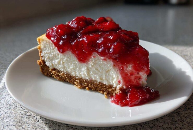 A perfect slice of creamy Strawberry Cheesecake with a thick graham cracker crust and bright red strawberry topping.