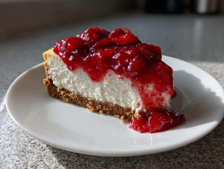 A perfect slice of creamy Strawberry Cheesecake with a thick graham cracker crust and bright red strawberry topping.