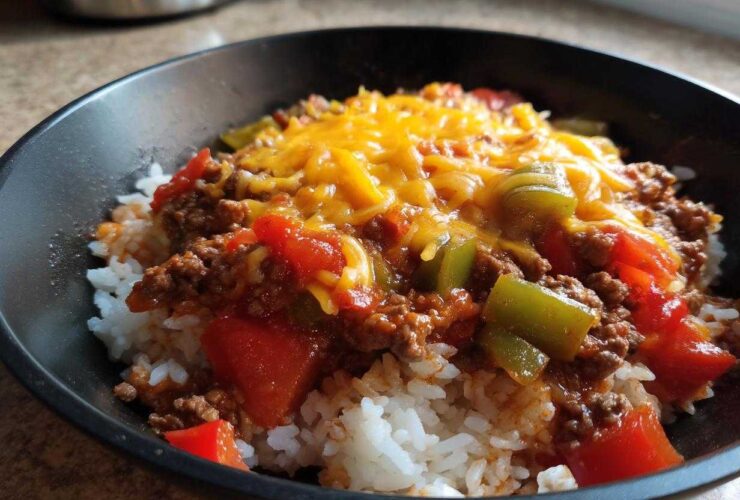 Close-up of Unstuffed Pepper Skillet mixture with ground beef, tomatoes, green peppers, and melted cheddar cheese served over white rice in a black bowl.