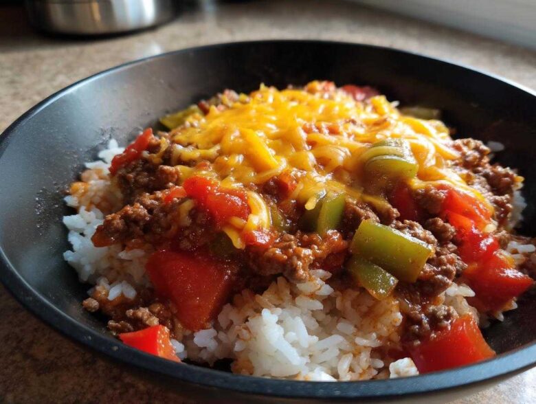 Close-up of Unstuffed Pepper Skillet mixture with ground beef, tomatoes, green peppers, and melted cheddar cheese served over white rice in a black bowl.