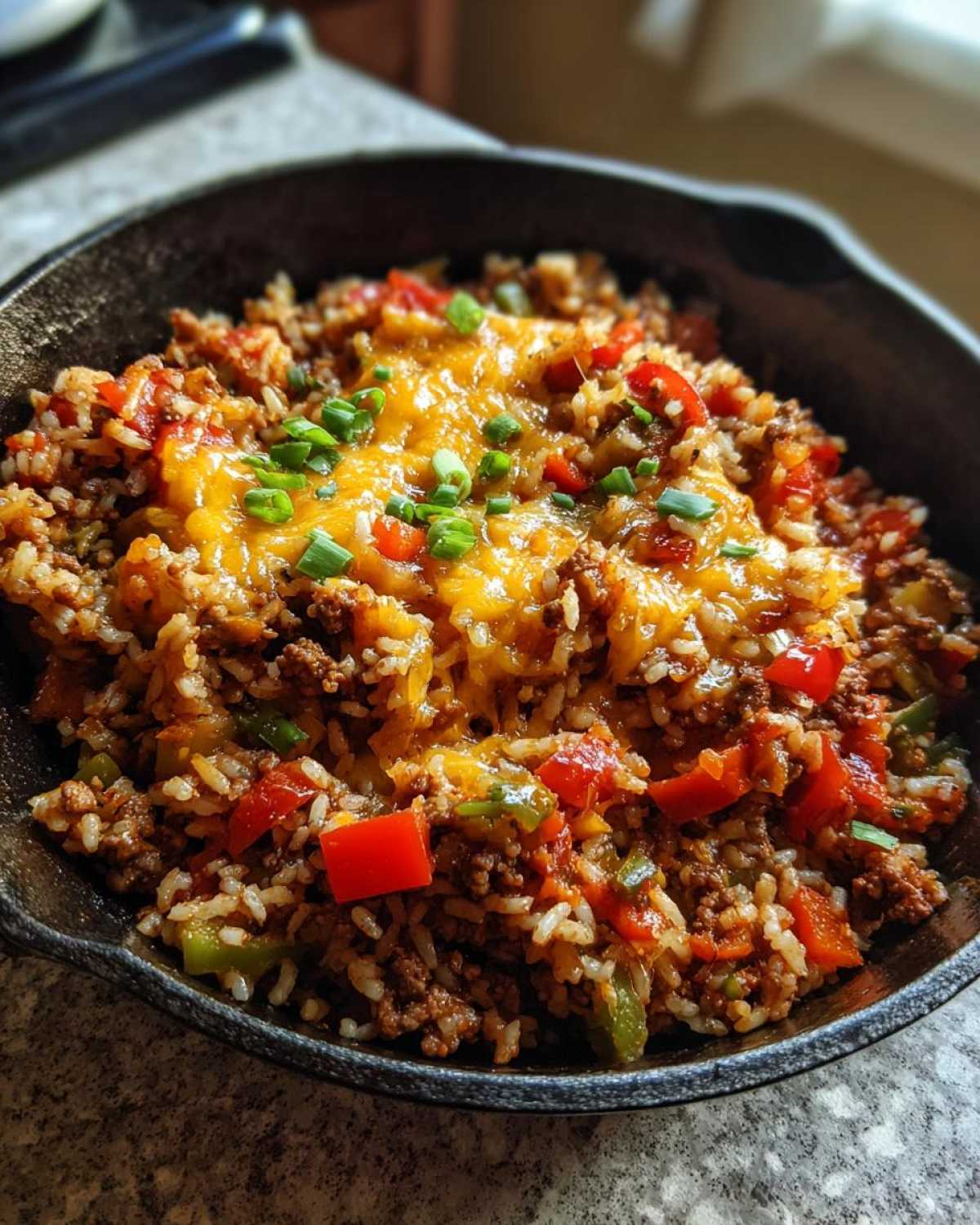 A close-up view of the Unstuffed Pepper Skillet in a cast iron pan, topped with melted cheddar cheese and green onions.