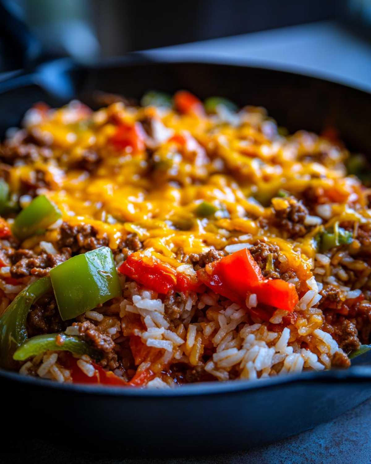 Close-up of the Unstuffed Pepper Skillet mixture featuring ground beef, rice, red and green peppers, topped with melted cheddar cheese.
