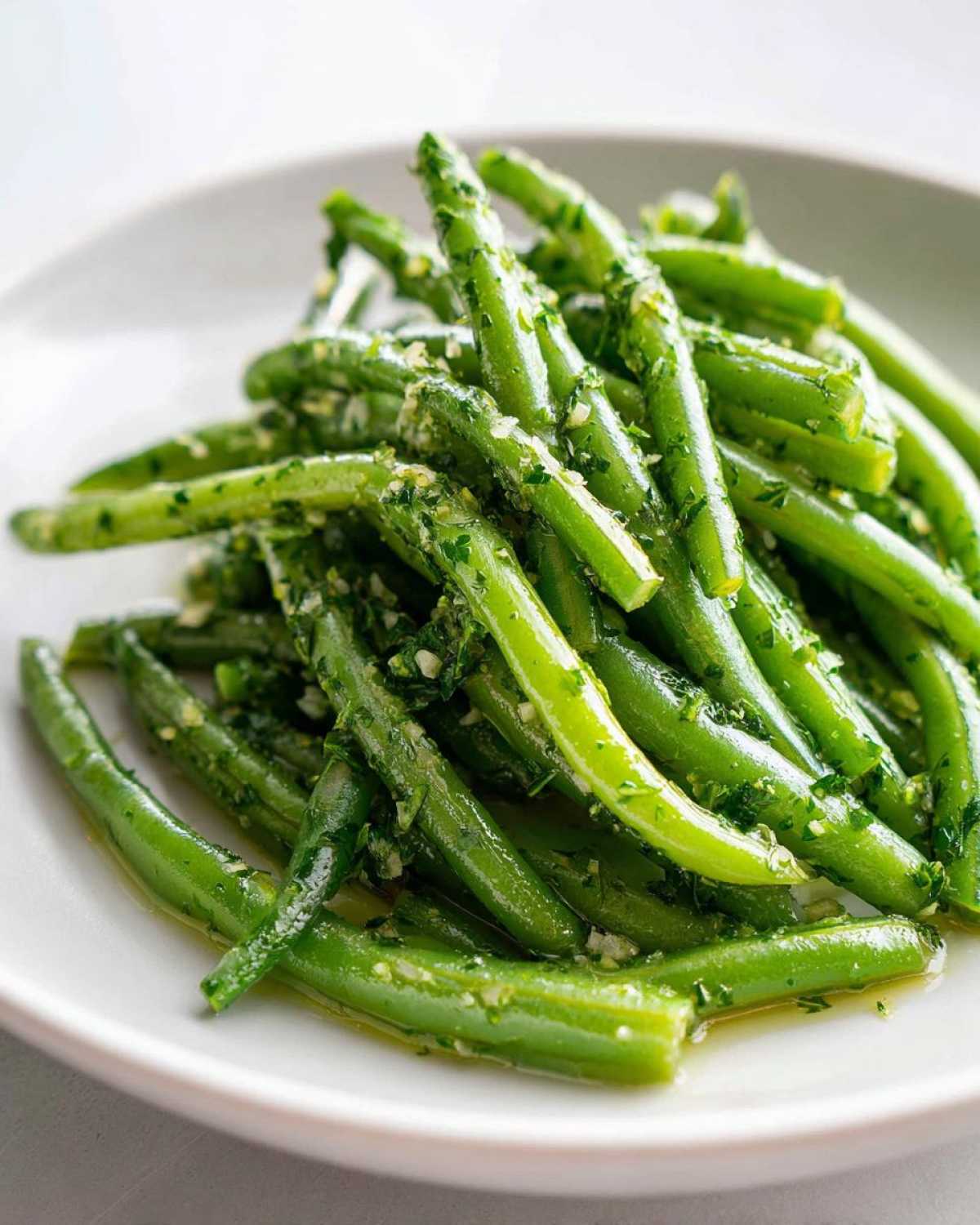 Close-up of bright green beans tossed in a herby, garlicky dressing, similar to a Greek Bean Salad component.