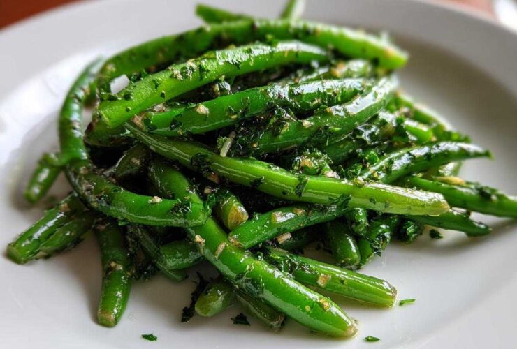 Close-up of bright green beans tossed in a savory herb dressing, part of the Greek Bean Salad recipe.