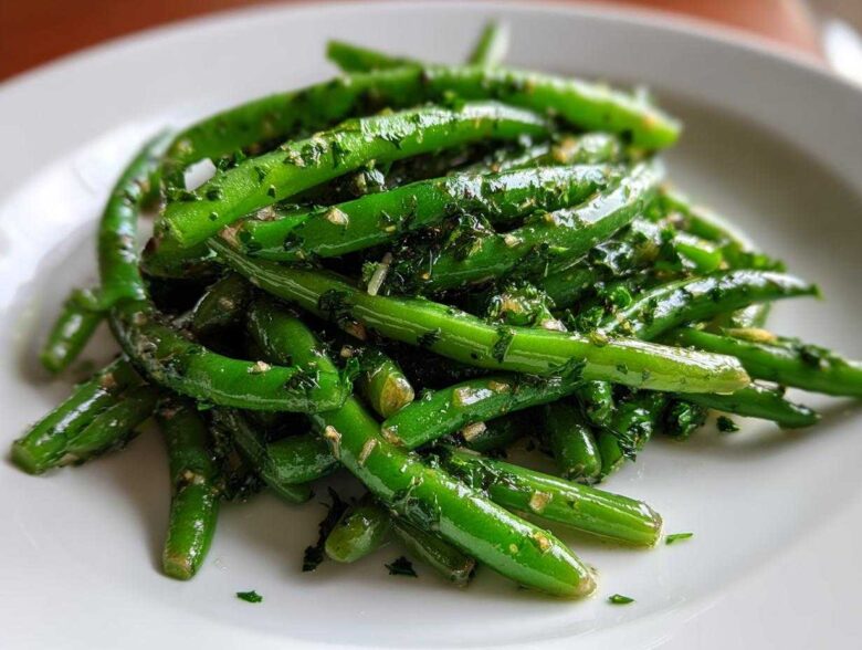 Close-up of bright green beans tossed in a savory herb dressing, part of the Greek Bean Salad recipe.