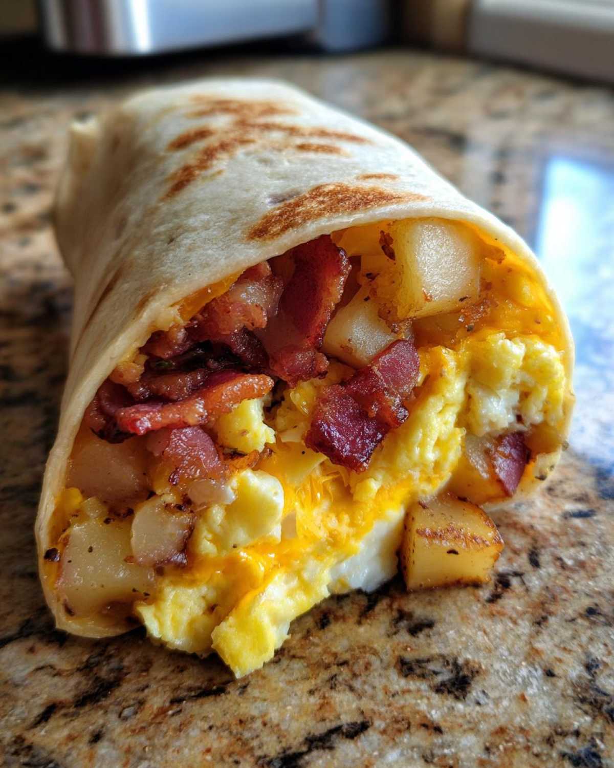 A close-up view of a fully loaded Bacon Egg and Cheese Burrito with Potatoes, showing scrambled eggs, crispy bacon, and cubed potatoes.