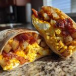 Close-up of a Bacon Egg and Cheese Burrito with Potatoes cut in half, showing scrambled eggs, bacon, and crispy potatoes inside.