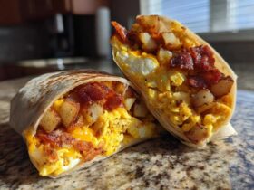 Close-up of a Bacon Egg and Cheese Burrito with Potatoes cut in half, showing scrambled eggs, bacon, and crispy potatoes inside.