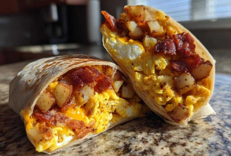Close-up of a Bacon Egg and Cheese Burrito with Potatoes cut in half, showing scrambled eggs, bacon, and crispy potatoes inside.