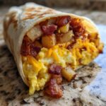 A close-up view of a fully loaded Bacon Egg and Cheese Burrito with Potatoes, showing scrambled eggs, bacon, and diced potatoes spilling out.