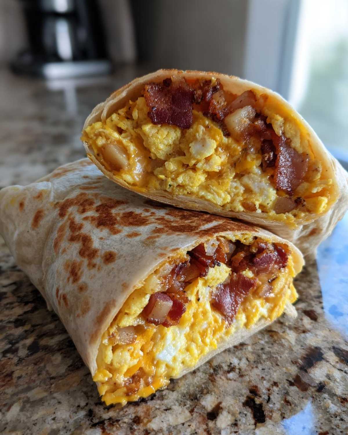 A close-up of a Bacon Egg and Cheese Burrito with Potatoes cut in half, showing scrambled eggs, bacon, and potatoes inside.