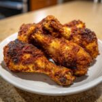 Close-up of four crispy, heavily seasoned Baked Chicken Legs served on a white plate.