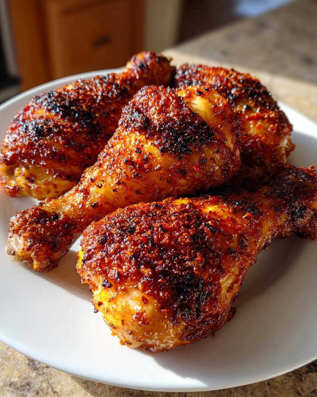 Close-up of four crispy, well-seasoned Baked Chicken Legs piled on a white plate, showing a dark, flavorful crust.