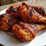 A close-up of several juicy, well-seasoned Baked Chicken Legs with crispy, dark edges piled on a white plate.