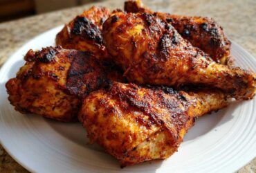 A close-up of several juicy, well-seasoned Baked Chicken Legs with crispy, dark edges piled on a white plate.