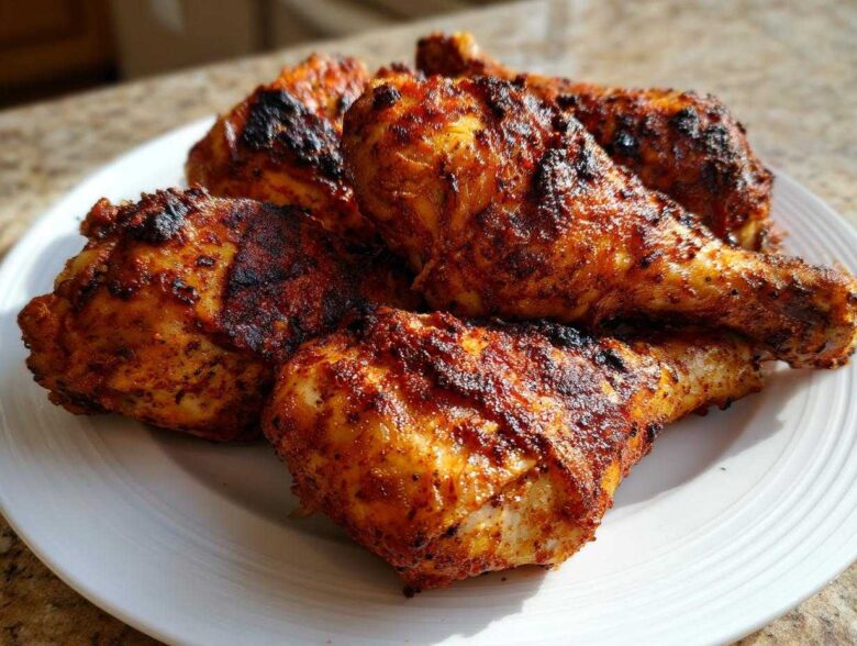 A close-up of several juicy, well-seasoned Baked Chicken Legs with crispy, dark edges piled on a white plate.