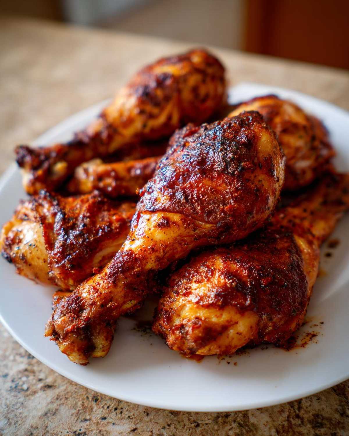 A close-up of several perfectly seasoned and slightly charred Baked Chicken Legs piled on a white plate.