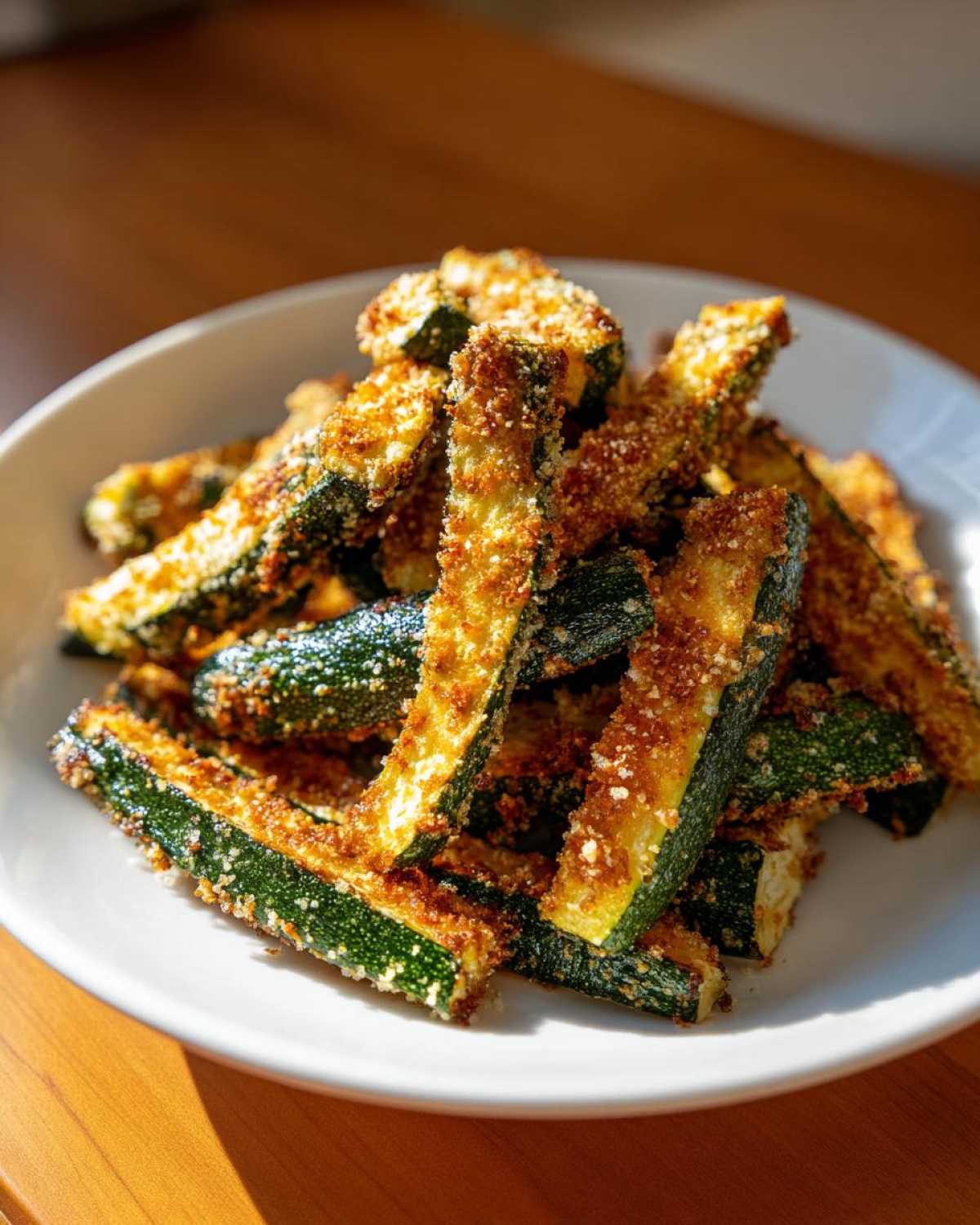A pile of golden brown, crispy Baked Parmesan Zucchini sticks served in a white bowl.