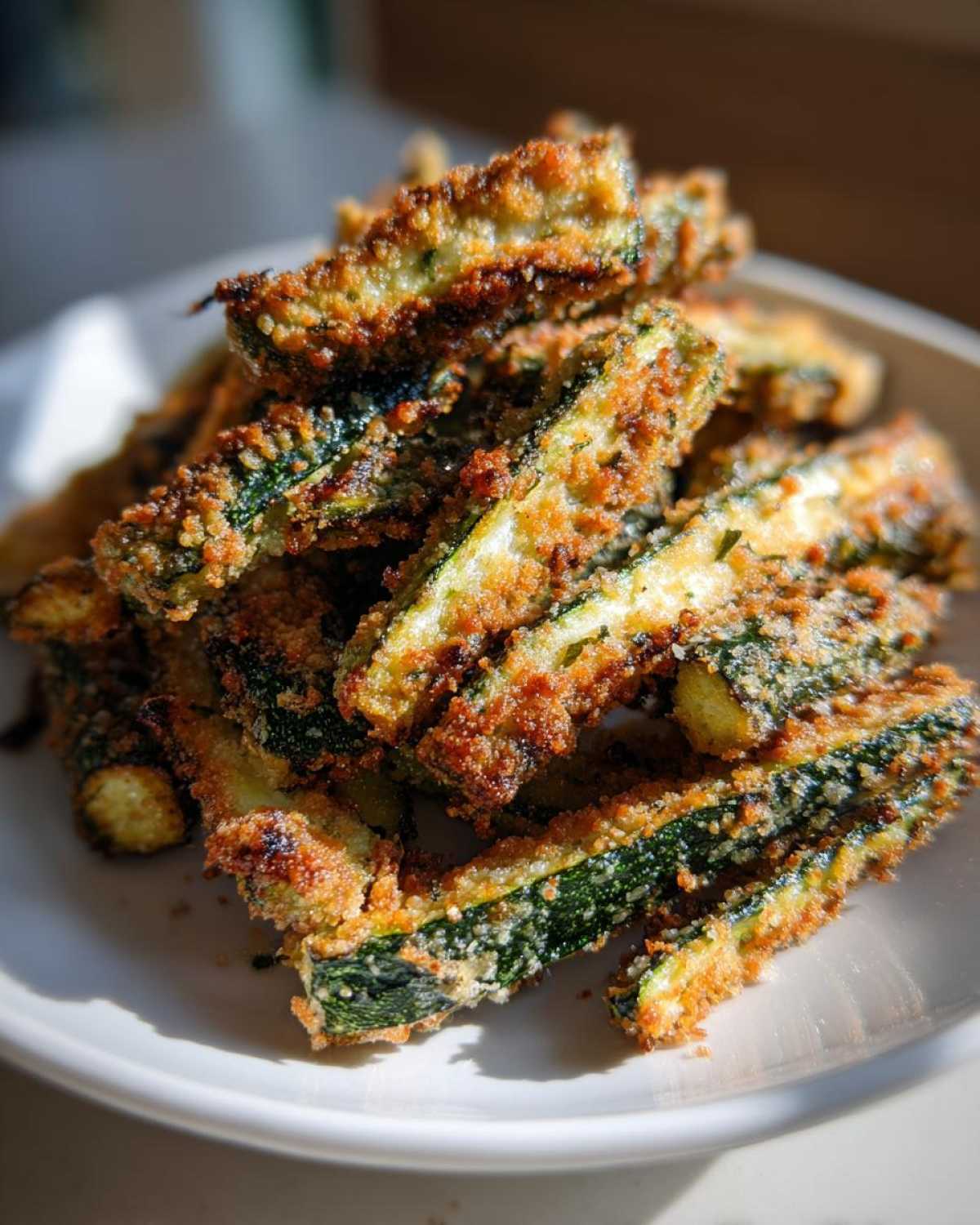 A close-up of golden brown, crispy Baked Parmesan Zucchini sticks piled on a white plate.