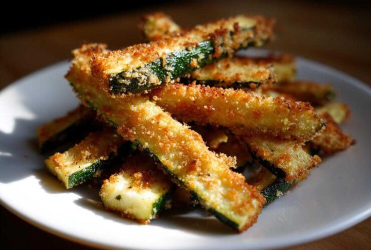 A close-up stack of golden brown, crispy Baked Parmesan Zucchini sticks served on a white plate.