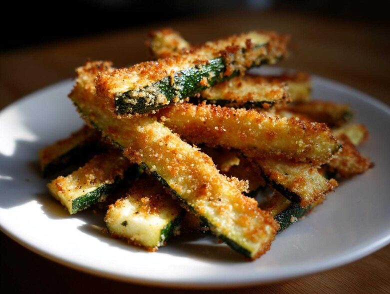 A close-up stack of golden brown, crispy Baked Parmesan Zucchini sticks served on a white plate.