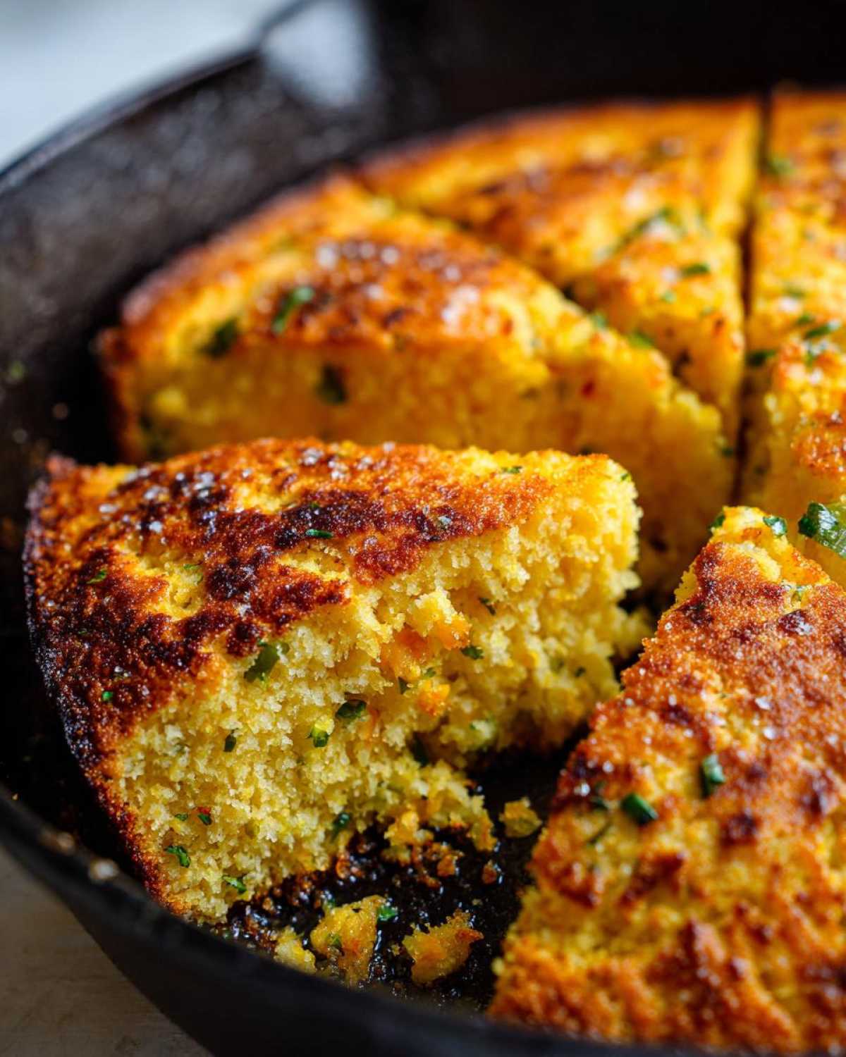 A close-up view of freshly baked Cast Iron Skillet Cornbread, cut into wedges with a crispy, golden crust.