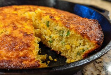 Close-up of a slice being removed from a golden-brown Cast Iron Skillet Cornbread studded with corn and green jalapeƱo pieces.