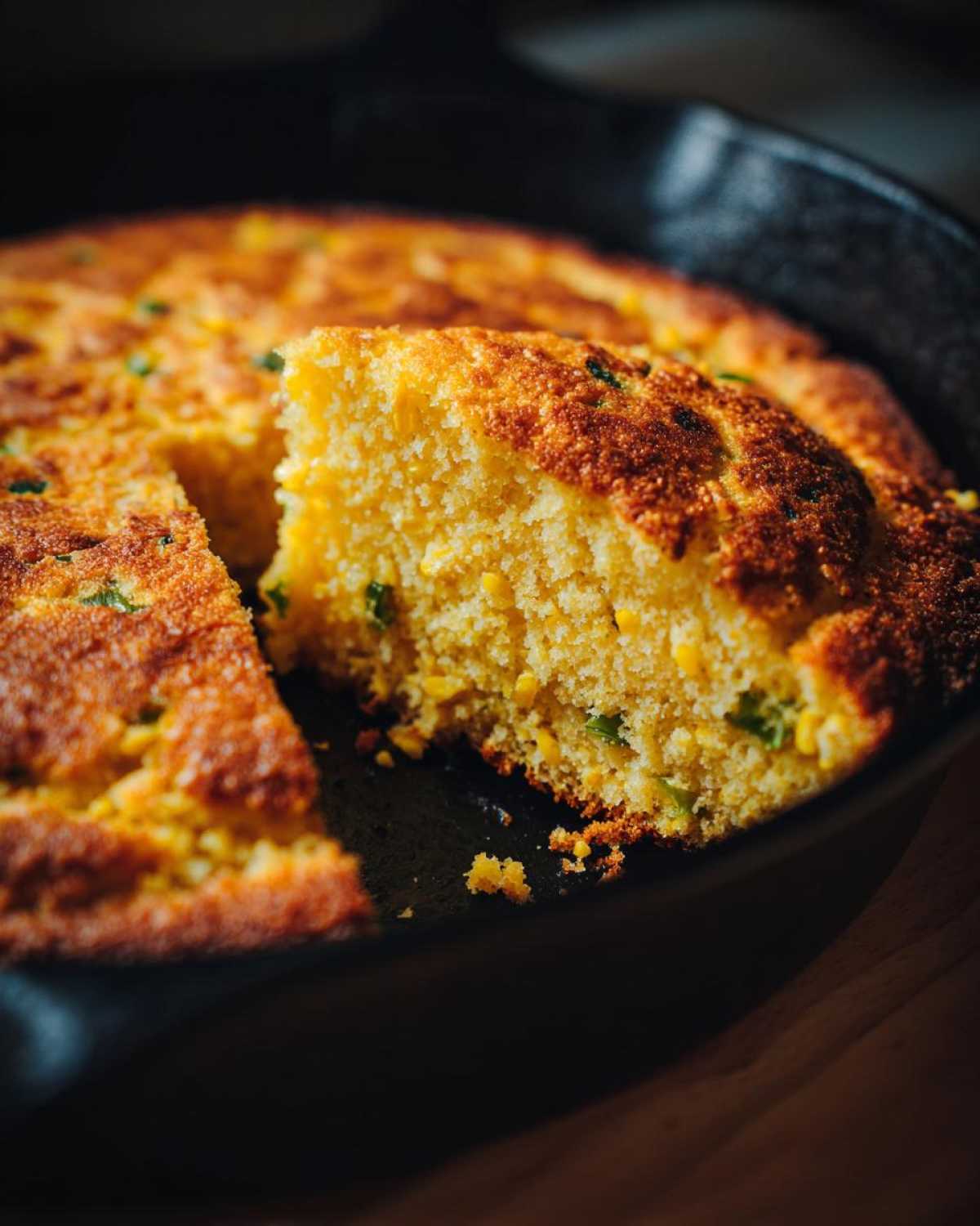 Close-up of a slice being lifted from a golden brown Cast Iron Skillet Cornbread baked in a dark skillet.