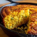 A close-up view of a slice being removed from golden brown Cast Iron Skillet Cornbread, showing a moist, yellow interior with green herbs.