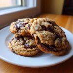 Three freshly baked Cream Cheese Chocolate Chip Cookies stacked on a white plate with gooey melted chocolate.